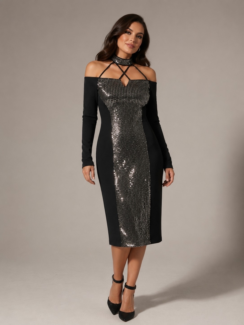 VENUS Black Off-Shoulder Midi Dress with Silver Sequin Panel